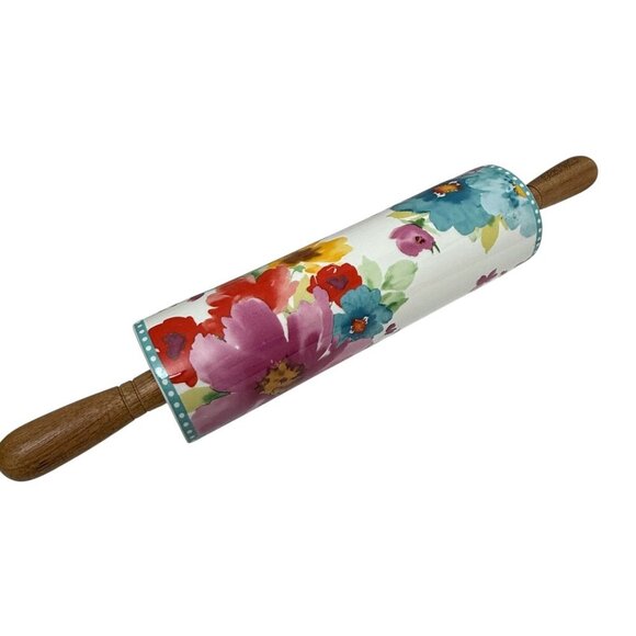 The Pioneer Woman Rolling Pin Floral Ceramic Wood Handles Breezy Blossoms - Picture 2 of 11